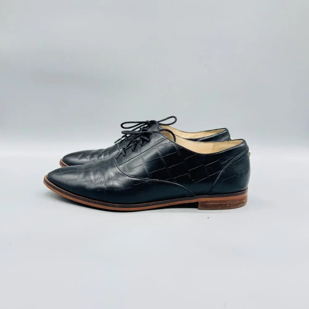 Cole Haan Shoes Women 8 Black Leather Croc Embossed Oxford Flats Lace Up Classic